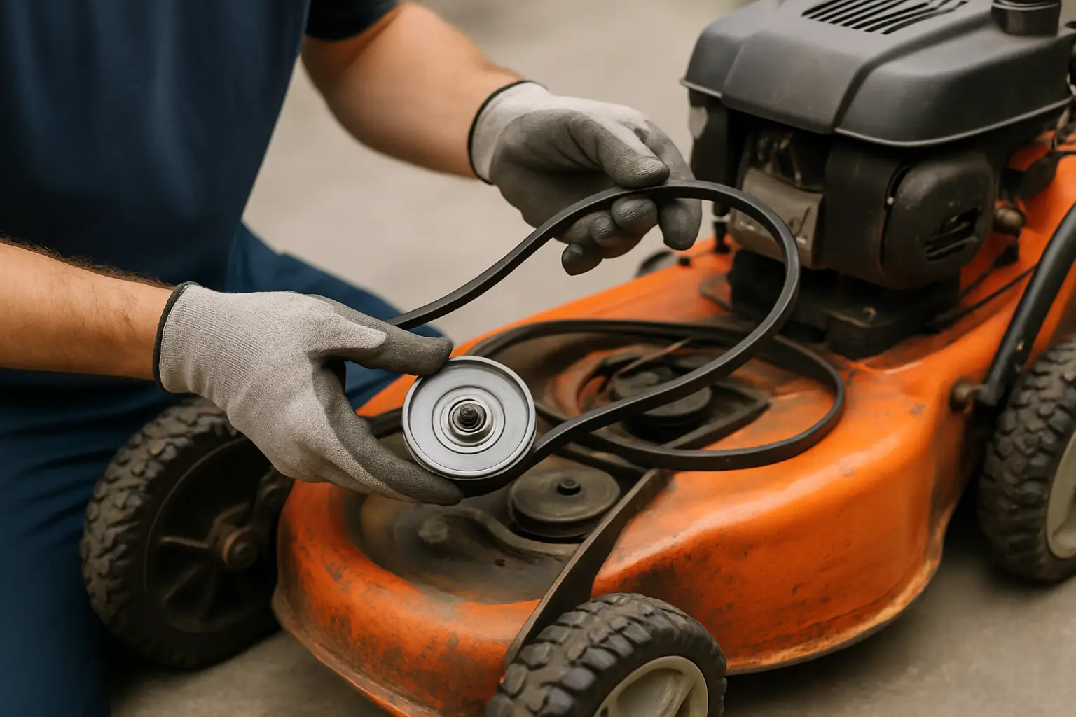 Skift drivrem og remskive på plæneklipper